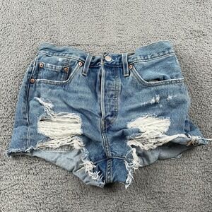 Levis 501 Shorts Womens 27 Blue Distressed Denim Cutoff High Rise Button Fly